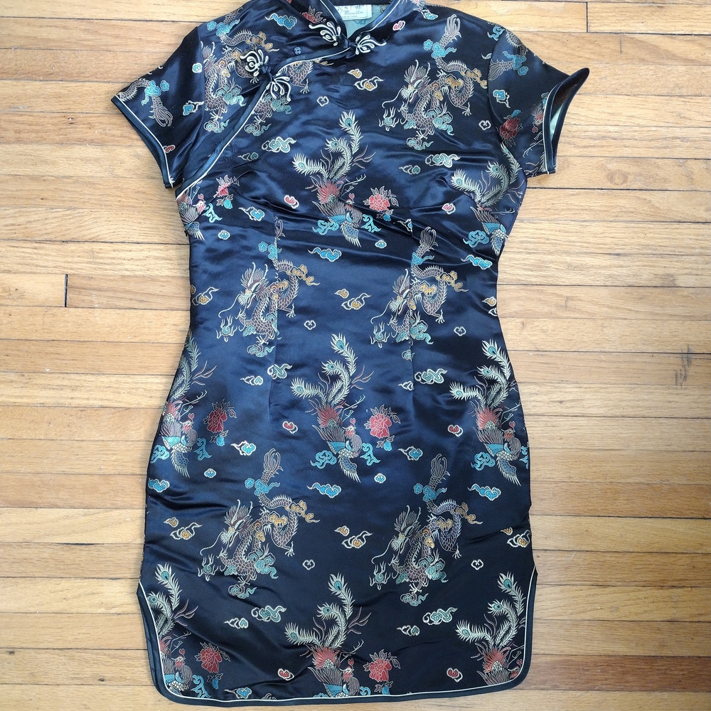 Black Floral Satin Cheongsam Dress